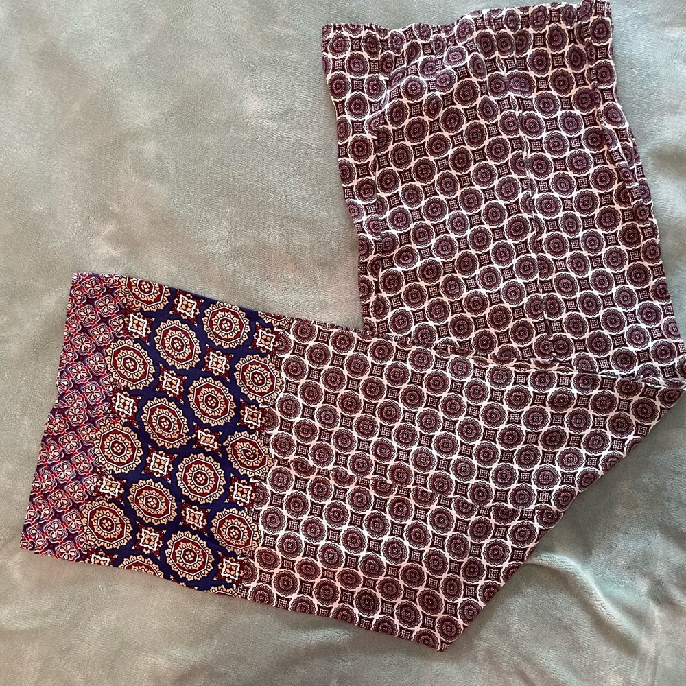 Burgundy, blue and white multi colored pull on pants. Cotton. Size XL.